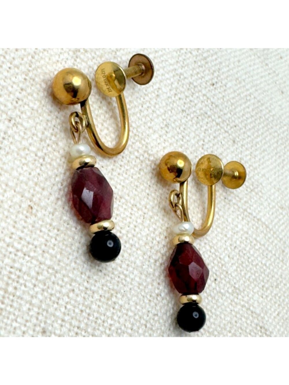 14K GF Garnet & Faux Pearl Bead Dangle Screw Back Earrings Vintage
